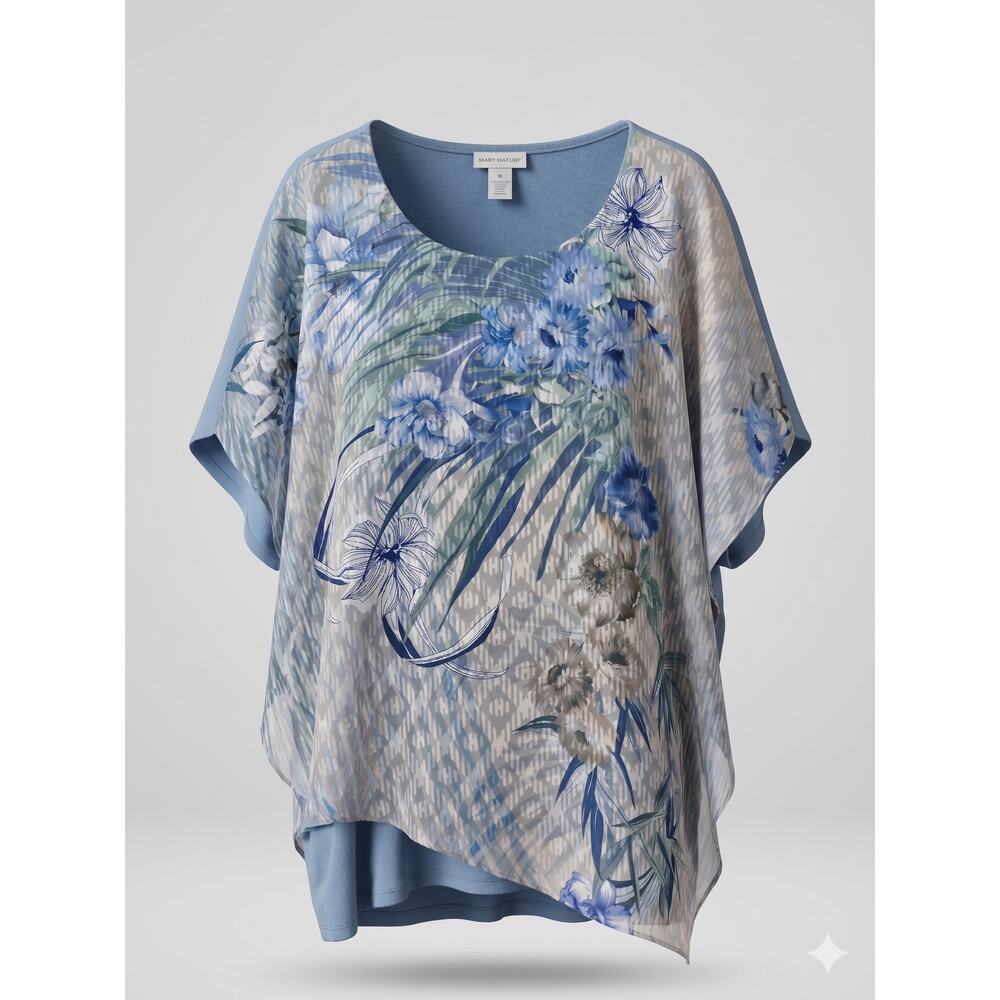 Catherines Womens 3X Tropical Resortwear Coastal Lagenlook Asymmetrical Top